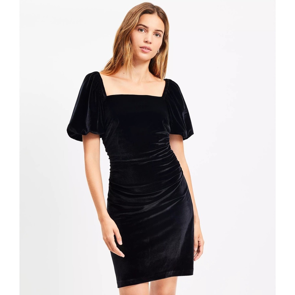 Loft Dress Size 6 Velvet Gathered Square Neck Mini Dress Black‎ Puff Sleeves